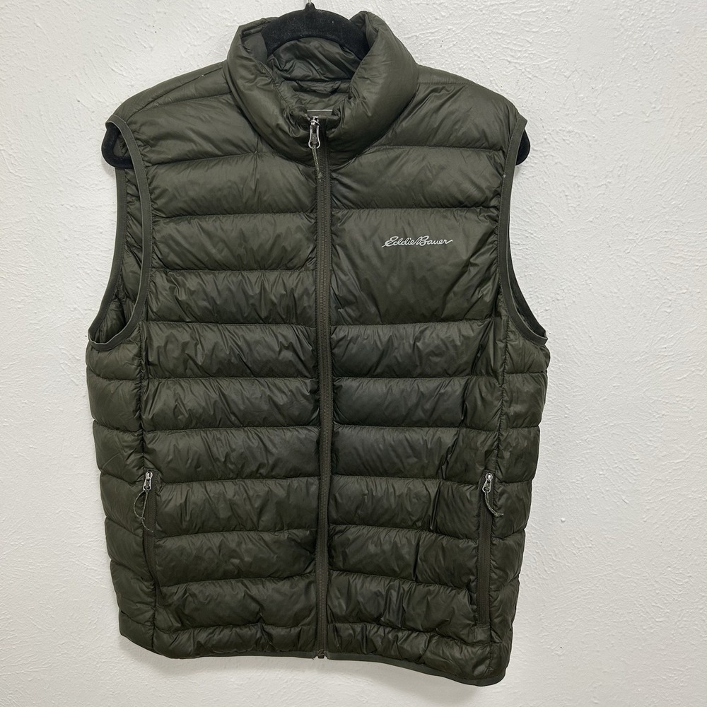 Eddie Bauer EB650 Down Puffer Vest Men's Med Green Full Zip Quilted Outdoor READ